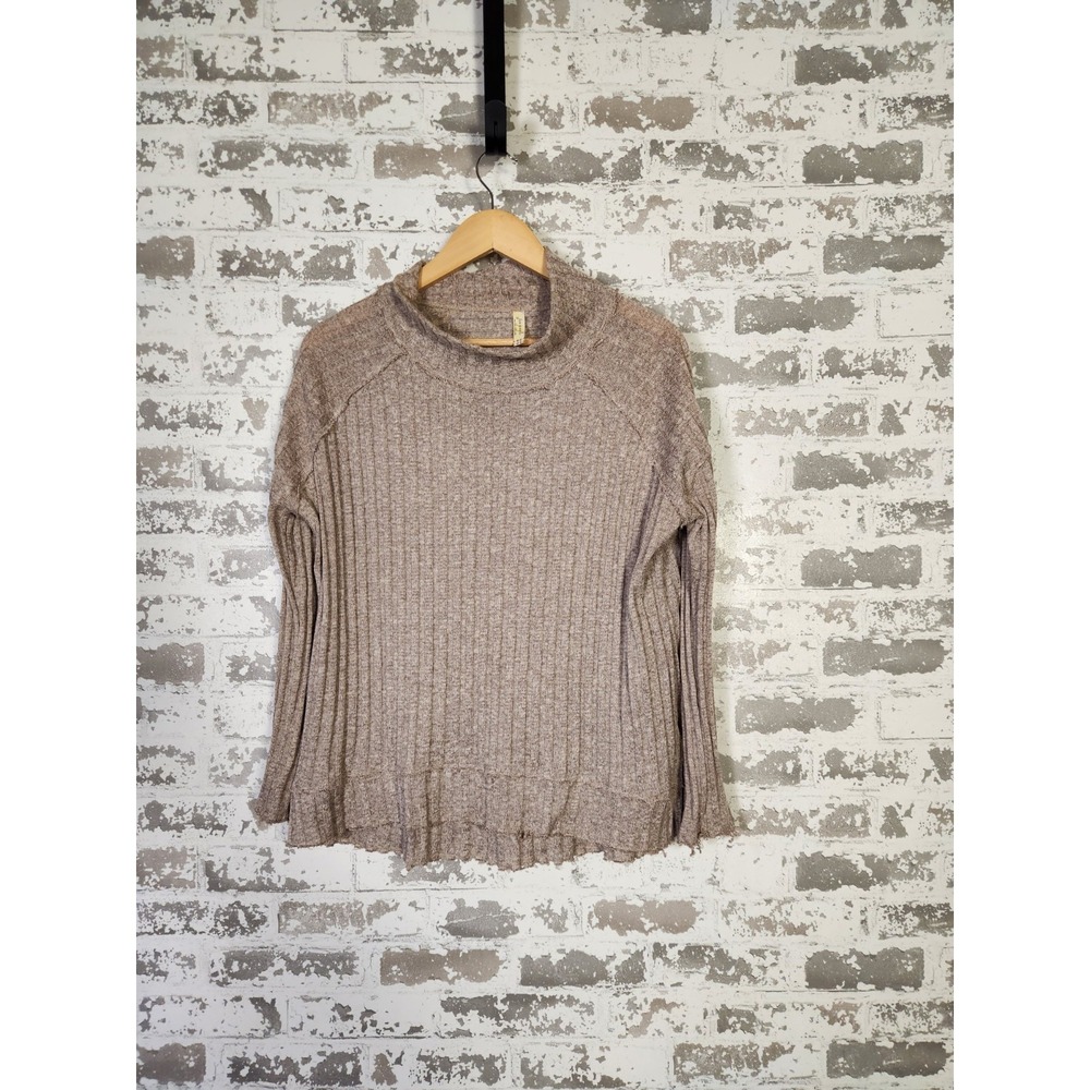 Free People Clarissa Ribbed Knit Mock Neck Lightweight Sweater Size Small Beige